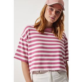 Happiness İst. Kadın Gül Kurusu Bisiklet Yaka Çizgili Crop Örme T-Shirt CR00427