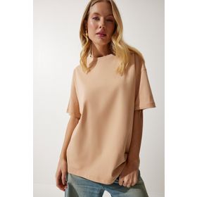 Happiness İst. Kadın Koyu Bej Bisiklet Yaka Basic Oversize Örme T-Shirt BF00091