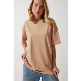 Happiness İst. Kadın Koyu Bej Bisiklet Yaka Basic Oversize Örme T-Shirt BF00091