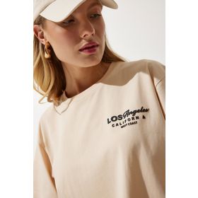 Happiness İst. Kadın Krem Bisiklet Yaka Baskılı Örme T-Shirt NJ00137