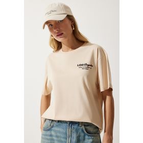 Happiness İst. Kadın Krem Bisiklet Yaka Baskılı Örme T-Shirt NJ00137