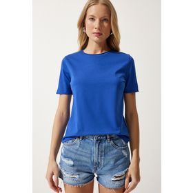 Happiness İst. Kadın Mavi Bisiklet Yaka Basic Örme T-Shirt UB00229