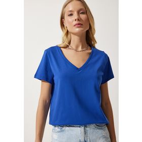 Happiness İst. Kadın Mavi V Yaka Basic Örme T-Shirt UB00261