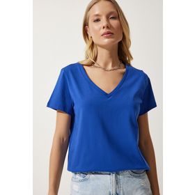 Happiness İst. Kadın Mavi V Yaka Basic Örme T-Shirt UB00261