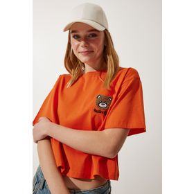 Happiness İst. Kadın Oranj Ayıcık Armalı Crop Örme T-Shirt HF00456