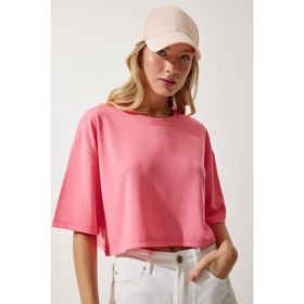 Happiness İst. Kadın Pembe Basic Crop Örme T-Shirt RG00008
