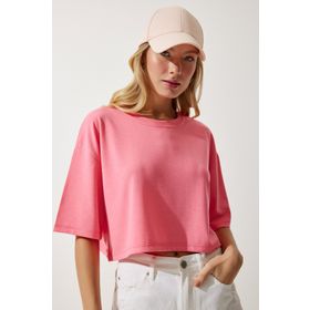 Happiness İst. Kadın Pembe Basic Crop Örme T-Shirt RG00008
