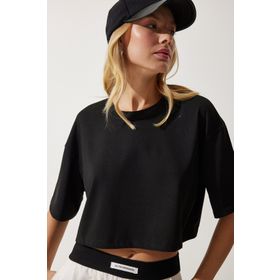 Happiness İst. Kadın Siyah Basic Crop Örme T-Shirt RG00008