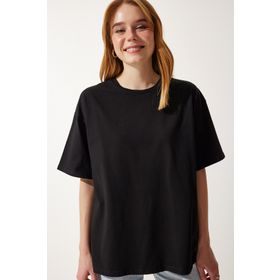 Happiness İst. Kadın Siyah Basic Oversize Örme T-Shirt HW00007