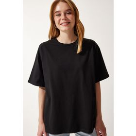 Happiness İst. Kadın Siyah Basic Oversize Örme T-Shirt HW00007