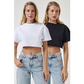 Happiness İst. Kadın Siyah Beyaz Bisiklet Yaka Basic 2'Li Paket Crop Örme T-Shirt HW00005