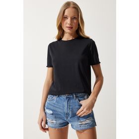 Happiness İst. Kadın Siyah Bisiklet Yaka Basic Örme T-Shirt UB00229