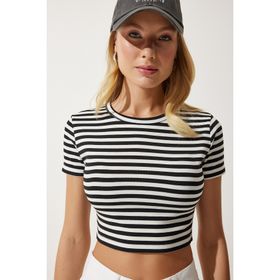 Happiness İst. Kadın Siyah Çizgili Crop Örme T-Shirt NJ00139