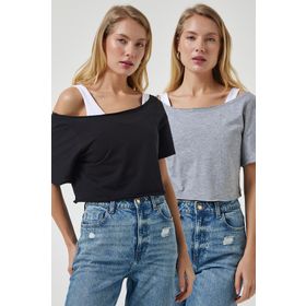 Happiness İst. Kadın Siyah Gri Melanj Kayık Yaka Basic Crop 2'Li Paket Örme T-Shirt OW00036
