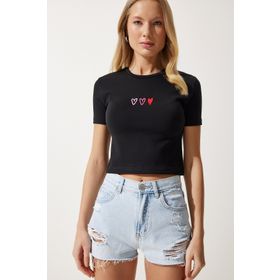 Happiness İst. Kadın Siyah Kalp Nakışlı Crop Örme T-Shirt MX00158
