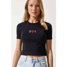 Happiness İst. Kadın Siyah Kalp Nakışlı Crop Örme T-Shirt MX00158