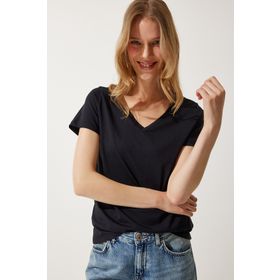 Happiness İst. Kadın Siyah V Yaka Basic Örme T-Shirt UB00261