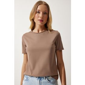 Happiness İst. Kadın Vizon Bisiklet Yaka Basic Örme T-Shirt UB00229