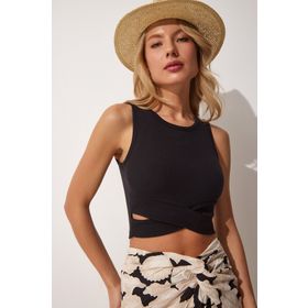 Happiness İst. MC00179 Kadın Siyah Cut Out Detaylı Crop Örme Bluz