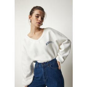 Happiness İst. MC00239 Kadın Ekru V Yaka Oversize Crop Örme Sweatshirt
