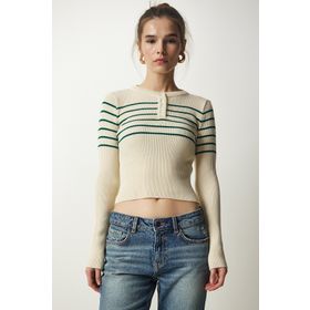 Happiness İst. NF00077 Kadın Krem Yeşil Düğmeli Yaka Fitilli Crop Triko Bluz
