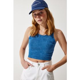 Happiness İst. NJ00135 Kadın Mavi Halter Yaka Yıkamalı Crop Örme Bluz