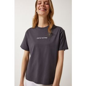Happiness İst. NJ00141 Kadın Antrasit Baskılı Basic Örme T-Shirt