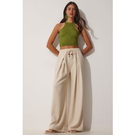 Happiness İst. NS00388 Kadın Krem Ham Keten Bol Palazzo Pantolon