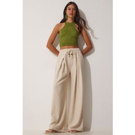 Happiness İst. NS00388 Kadın Krem Ham Keten Bol Palazzo Pantolon
