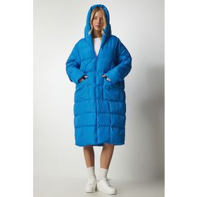 Happiness İst. NT00428 Gök Mavi Kapüşonlu Oversize Uzun Şişme Kadın Kaban
