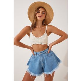 Happiness İst. OK00035 Kadın Mavi Püsküllü Yüksek Bel Jean Şort