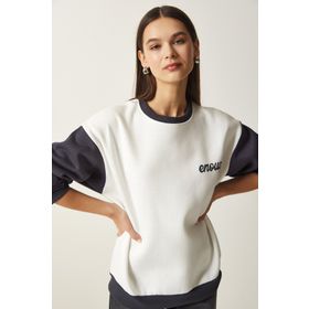 Happiness İst. OW00005 Kadın Beyaz Antrasit Blok Renkli Şardonlu Sweatshirt