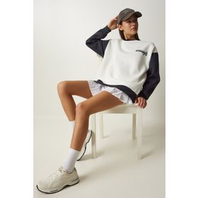 Happiness İst. OW00005 Kadın Beyaz Antrasit Blok Renkli Şardonlu Sweatshirt