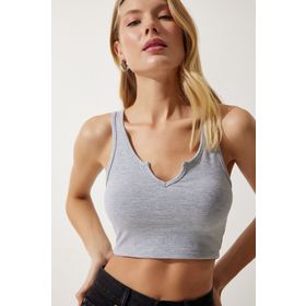 Happiness İst. OW00030 Kadın Gri Askılı Crop Örme Bluz