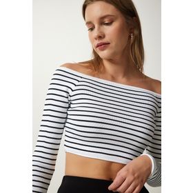 Happiness İst. PF00019 Kadın Beyaz Kare Yaka Çizgili Crop Bluz