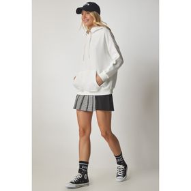 Happiness İst. SM00153 Kadın Beyaz Kapüşonlu Şardonlu Basic Sweatshirt