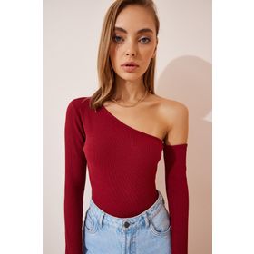 Happiness İst. TG00011 Kadın Bordo Açık Omuzlu Fitilli Örme Bluz