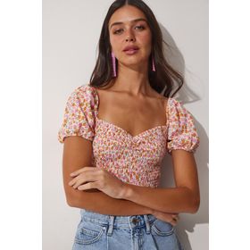 Happiness İst. UB00081 Kadın Pembe Krem Çiçekli Büzgülü Carmen Yaka Crop Örme Bluz