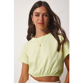 Happiness İst. UB00083 Kadın Açık Yeşil Beli Elastik Crop T-Shirt
