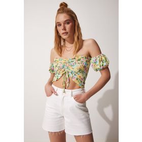Happiness İst. UB00084 Kadın Sarı Baskılı Crop Viskon Örme T-Shirt