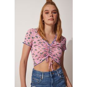 Happiness İst. UB00086 Kadın Pembe Çiçekli Büzgülü Crop Örme Bluz