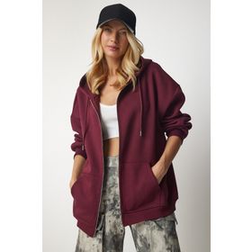 Happiness İst. UB00124 Kadın Bordo Kapüşonlu Fermuarlı Oversize Sweatshirt