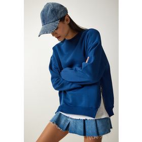 Happiness İst. UB00148 Kadın Mavi Fermuar Detaylı Şardonlu Örme Sweatshirt
