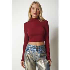 Happiness İst. ub00165 Kadın Bordo Dik Yaka Fitilli Kaşkorse Crop Bluz
