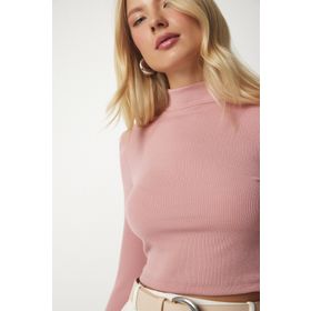 Happiness İst. ub00165 Kadın Gül Kurusu Dik Yaka Fitilli Kaşkorse Crop Bluz