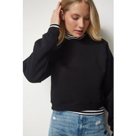 Happiness İst. UB00178 Kadın Siyah Şardonlu Crop Sweatshirt
