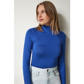 Happiness İst. UB00200 Kadın Mavi Dik Yaka Saran Esnek Örme Bluz