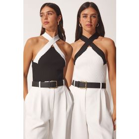 Happiness İst. US00915 Kadın Siyah Beyaz Halter Yaka 2'li Paket Crop Triko Bluz