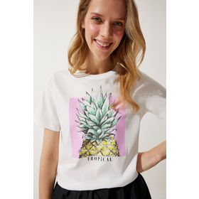 Happiness İst. WO00037 Kadın Beyaz Baskılı %100 Pamuk Örme T-Shirt