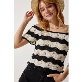 Happiness İst. YU00012 Siyah Krem Ajurlu Triko Kadın Bluz